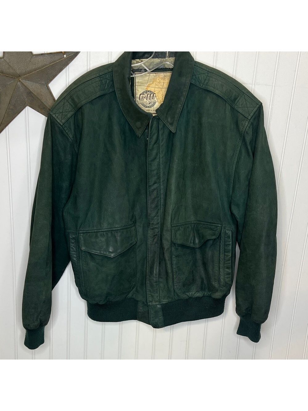 G-111 Vintage Green Leather Bomber Jacket Size Medium